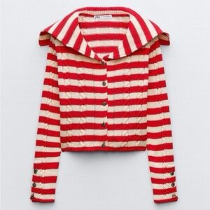 Zara Red and White Striped Knit Sailor Cardigan Size Small